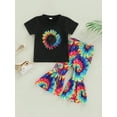 thumbnail image 2 of Genuiskids Toddler Baby Girl 2Pcs Summer Bell-bottoms Outfits Short Sleeve Sunflower Print T-shirt Tops + Tie-Dye Flare Pants Set, 2 of 9