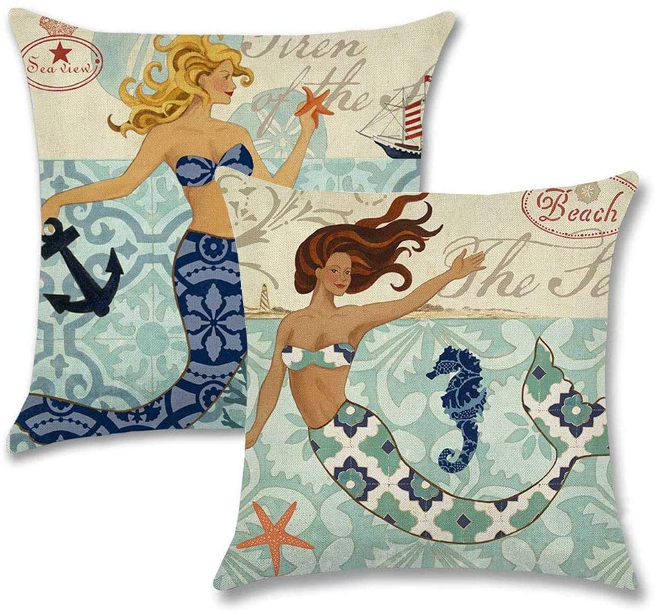 Linen Sea Mermaid Square Throw Pillow Case Sofa Home Bed Decor Cushion Cover 18" 