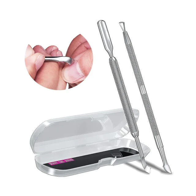 Herramienta limpiadora de 2 piezas, empujador de cutículas plateado de metal y removedor de cortador, raspador pelador de esmalte de uñas de gel de acetona, herramienta limpiadora de manicura y