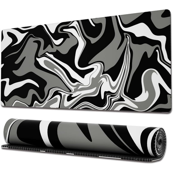 Swirl Marble Gaming Mouse Pad - Extended XL Mousepad, Anti-Slip Base, Cool Large Mouse Pad for Desk, 31.5x11.8 Inch, Black, Non-Slip Stitched Edges