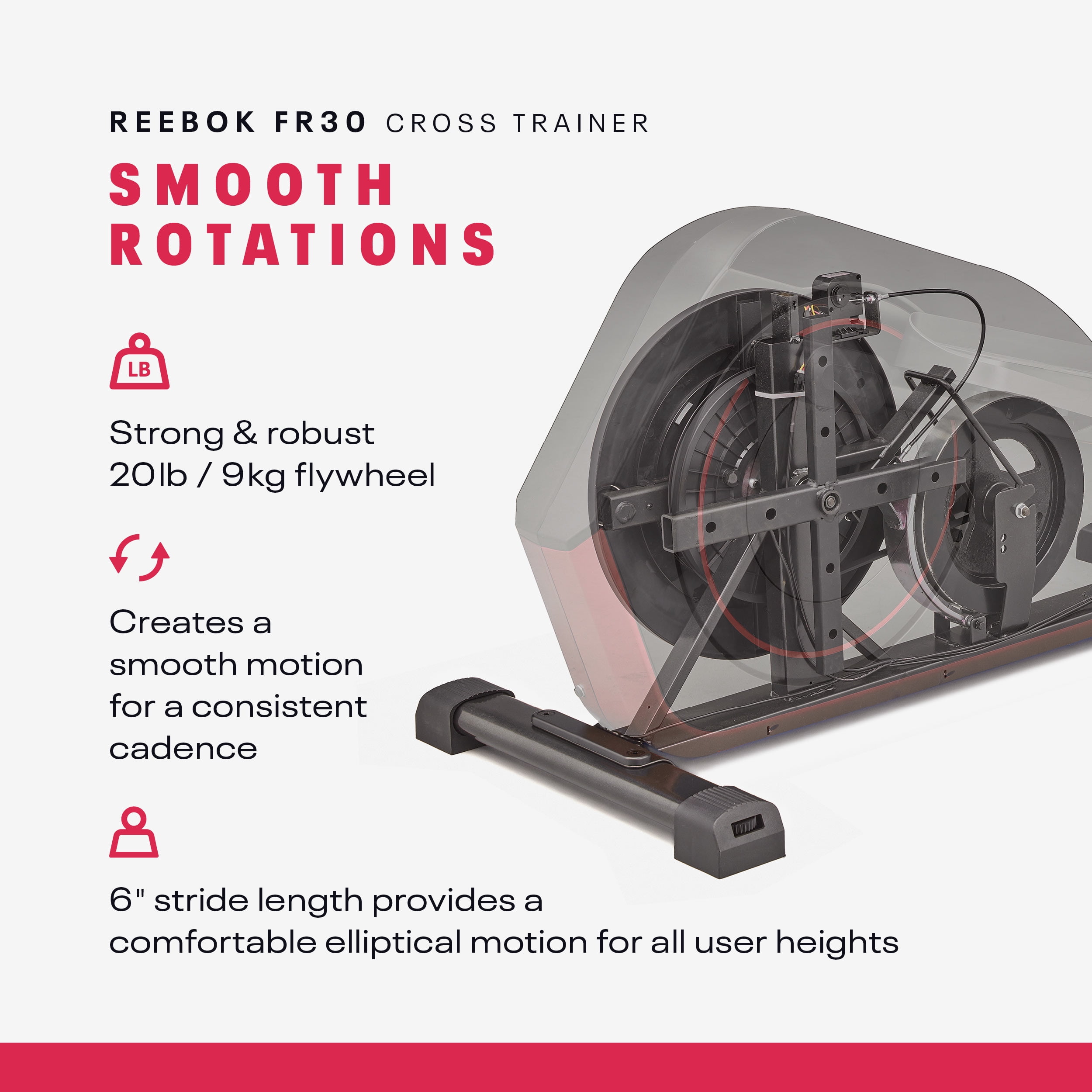 Reebok FR30 Home Elliptical Cross Trainer, Red, Cardio Exercise, Bluetooth, 32 Electronic Resistance Levels