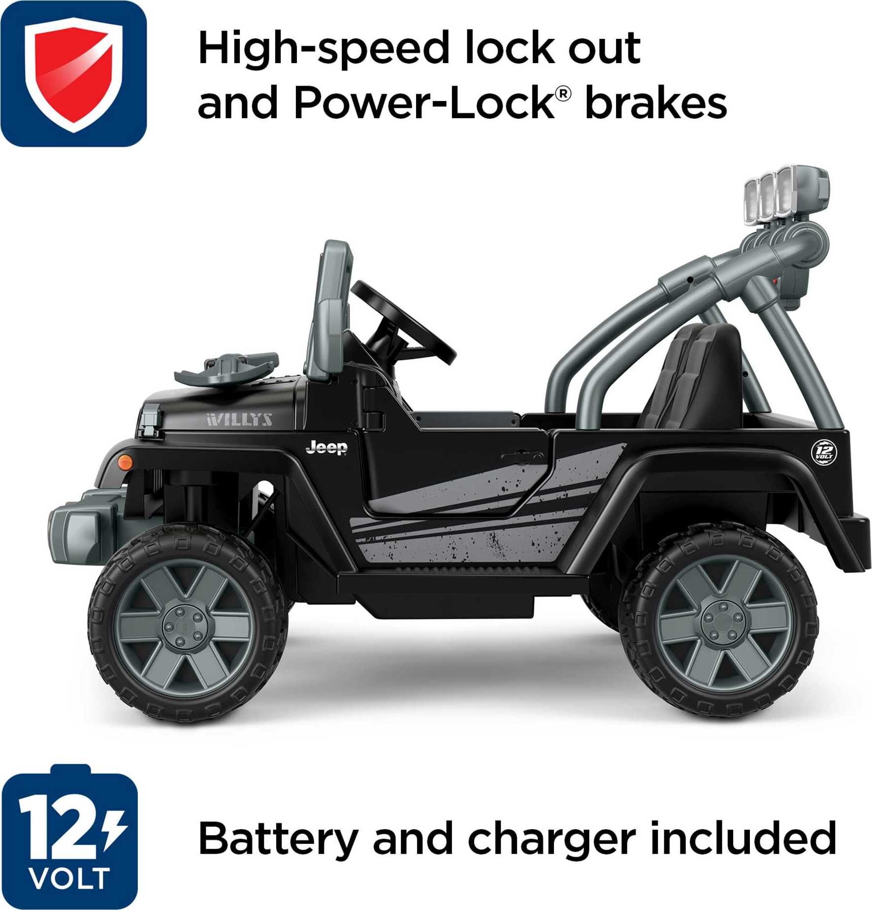 Power Wheels Jeep Wrangler Willys Battery-Powered Ride-On Vehicle with Lights & Sounds, Black Power Wheels Jeep Wrangler Willys Battery-Powered Ride-On Vehicle with Lights & Sounds, Black
