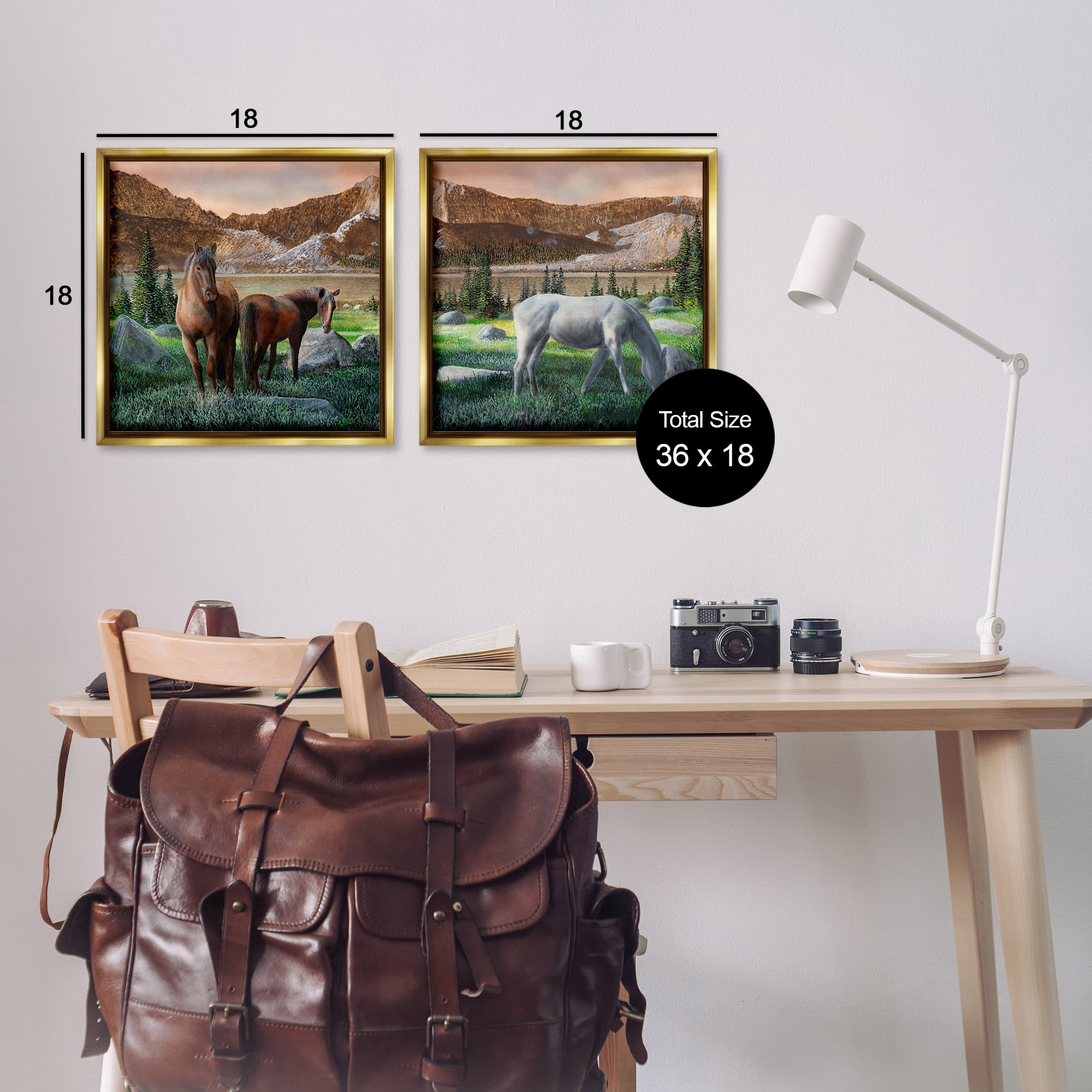 Stupell Industries Country Valley Horses Grazing Animals Painting Gold Floater Framed Canvas Art Print Wall Art, 18 x 18, Set of 2