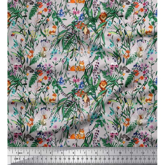 Soimoi Poly Georgette Fabric Leaves & Cartoon Animals Jungle Decor Fabric Printed Yard 52 Inch Wide