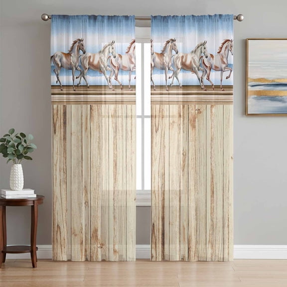 Western Horse Sheer Curtains 84 Inch Length 2 Panels Set, Farmhouse Wooden Grain Vintage Cowboy Barn Door Voile Window Treatment Curtains Sheers Drapes for Bedroom/Living Room/Kitchen 52"x84"x2