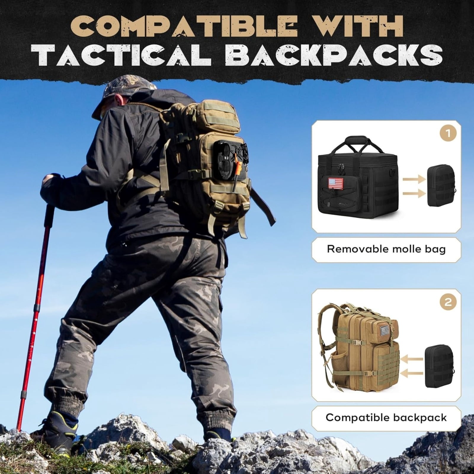 Tactical Lunch Box for Men with 5 Slim Ice Packs, 15L Insulated Cooler Bag with MOLLE Pouch