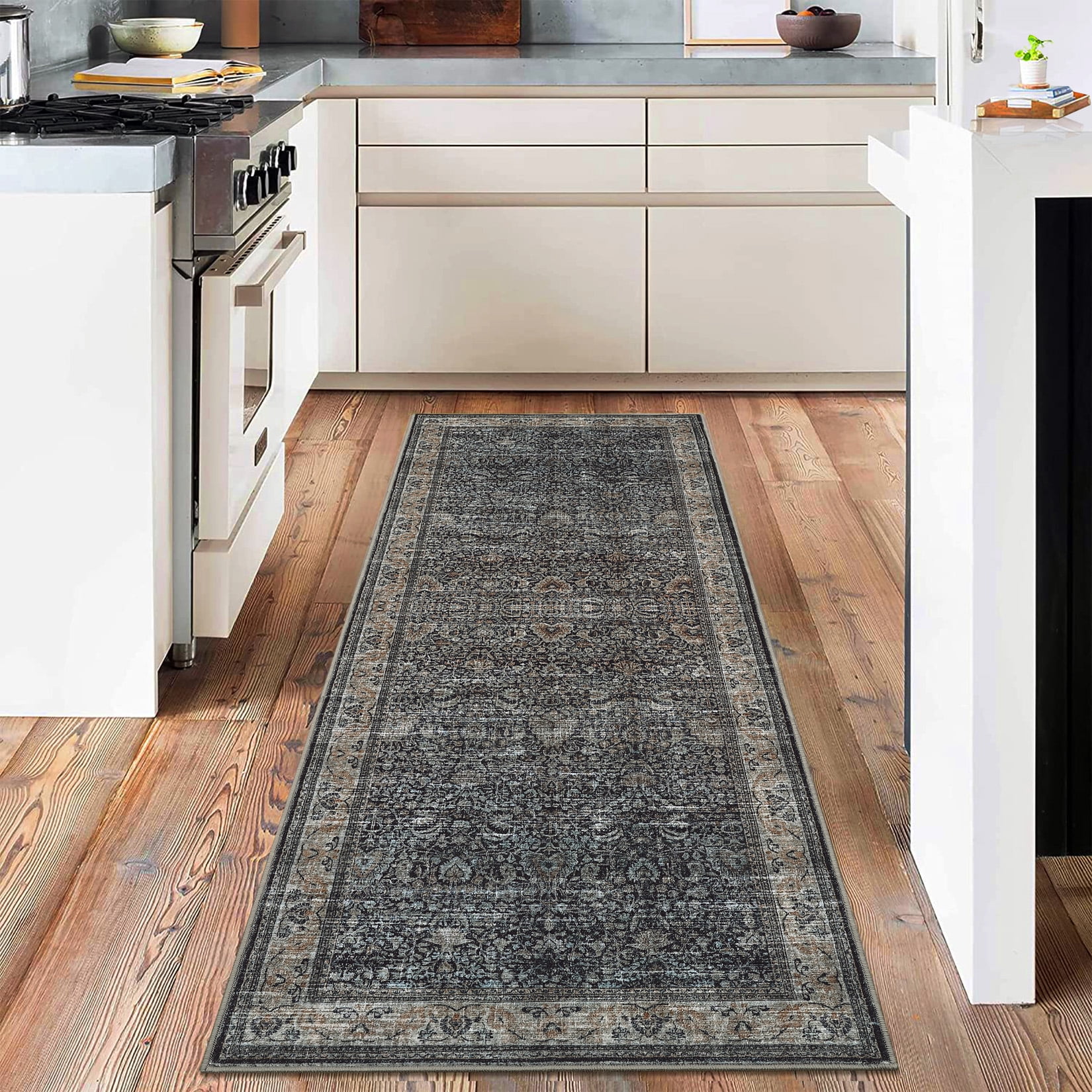 Washable Runner Rugs, Reddish Brown 2'X6' Antique Distressed Long Rug, Modern Non Slip Stain Resistant Vintage Print Accent Carpet for Living Room Bedroom Dining Office Farmhouse Hallway Entryway