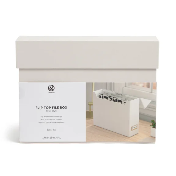 U Brands Flip Top File Storage Organizer Box, 9.4X3.7X13 In, Beige, Freestanding