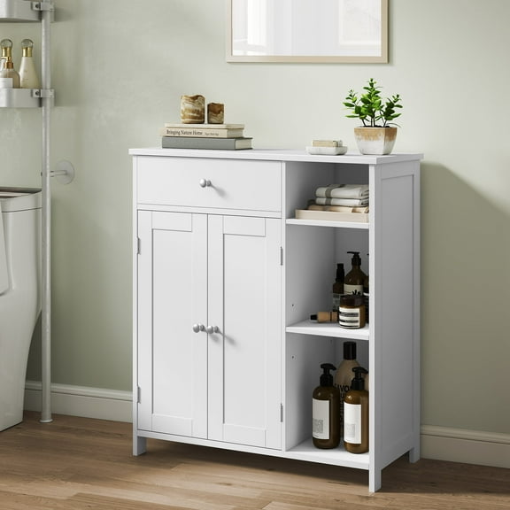 LEDREM Floor Storage Cabinet, 29.5 Inch Freestanding Organizer with Drawer, Doors & Adjustable Shelves, 3 Open Compartments for Bathroom Living Room, Cloud White