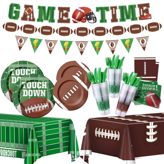 173PCS Football Party Supplies Kit for 24 Guests - Football Birthday Supplies with Paper Plate Napkin Big Cup Cutlery Banners Touchdown Tablecloth Tailgate Party Decorations(A) C113