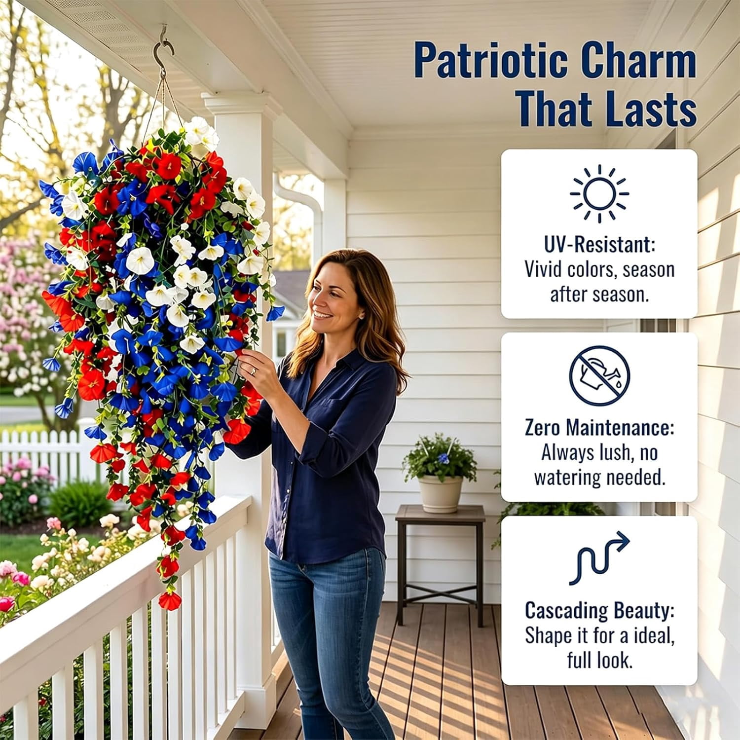 4th of July Decoration Tricolor Patriotic Artificial Flower, Fake Flowers Vine Decor for Patriotic Porch Outdoor