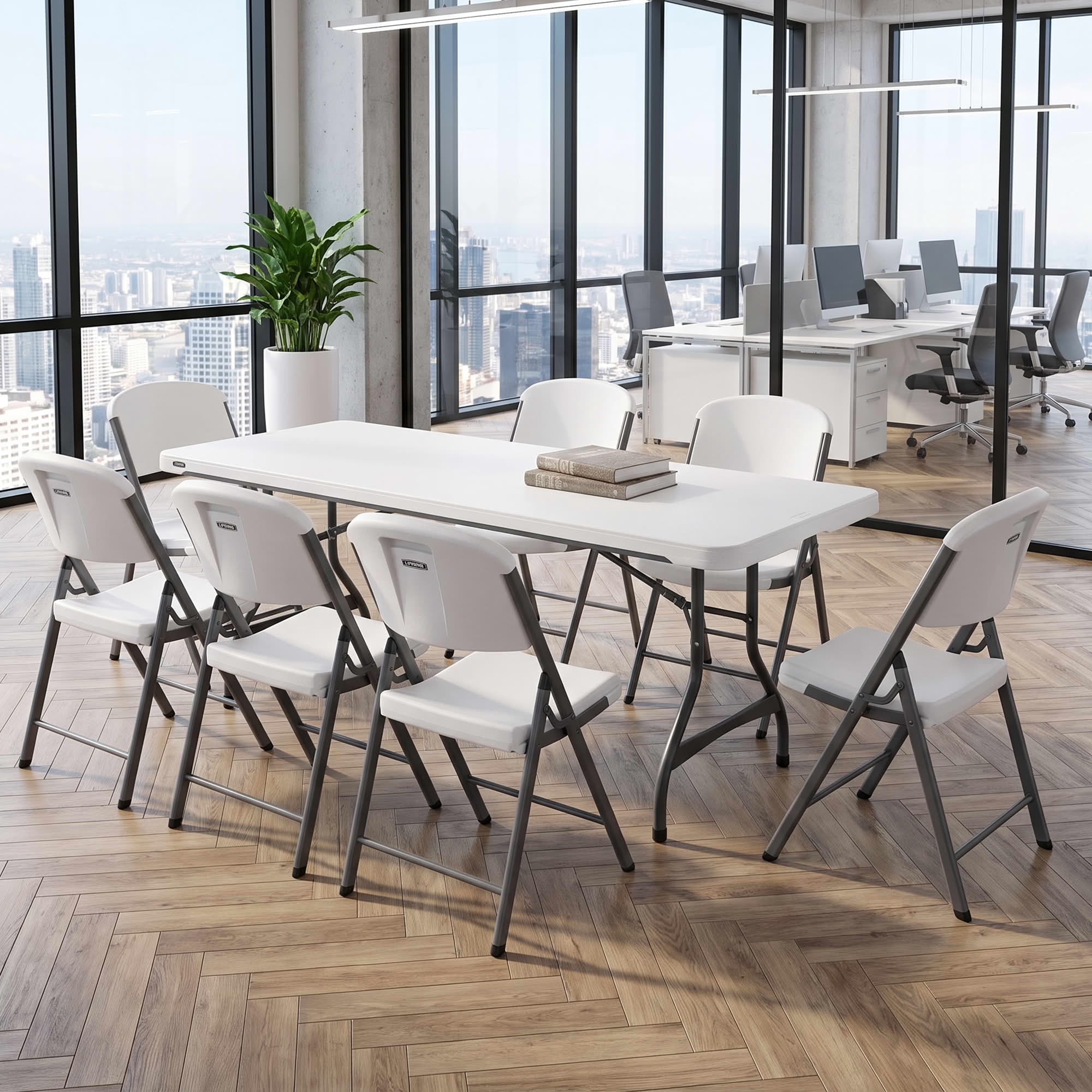 MAYEERTY 6FT White HDPE Fold-in-Half Folding Table, 507LB Capacity Powder Coated Steel Frame UV Water Resistant Portable Table