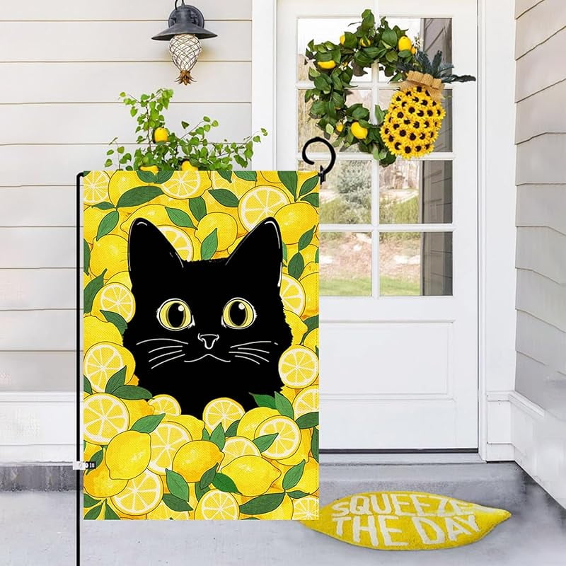 Summer Funny Black Cat Garden Flag Double Sided Summer Lemon Fruit Welcome Small Yard Flag Burlap Seasonal Farmhouse Outside Outdoor Decoration