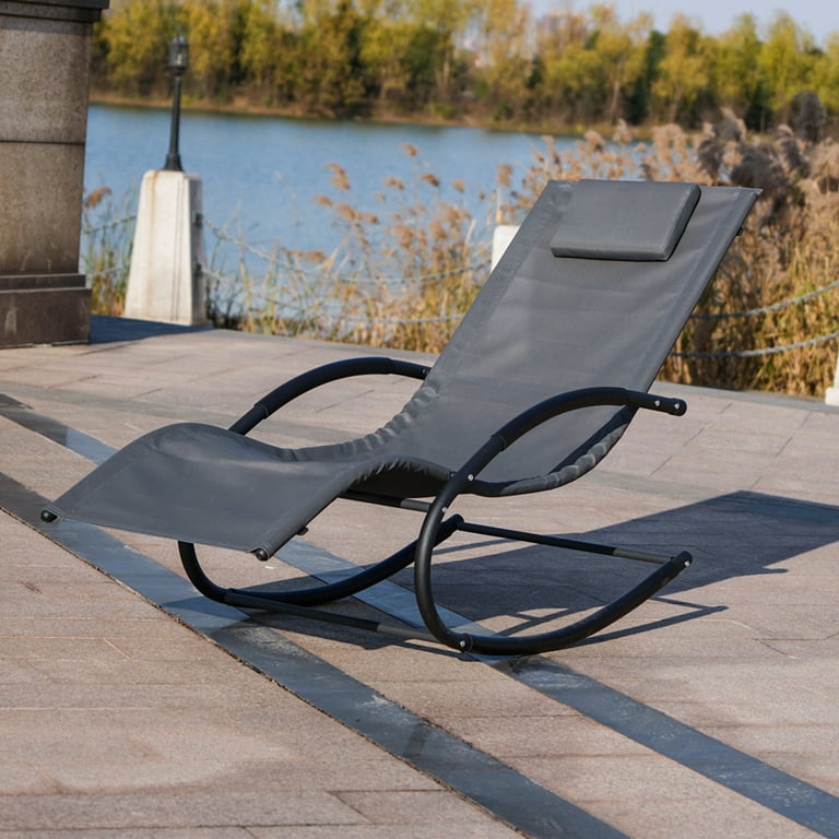 Abrihome Outdoor Metal Frame Rocking Chaise Lounge Chair with Headrest Pillow Gray