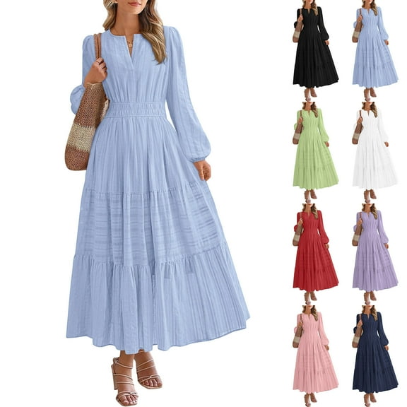 Busydd Women Dresses Solid Color Long Sleeve Wedding Guest Dresses for Women Casual V Neck Tunic Fall Dress Fashion Pleated Tiered Midi Dresses for Women S