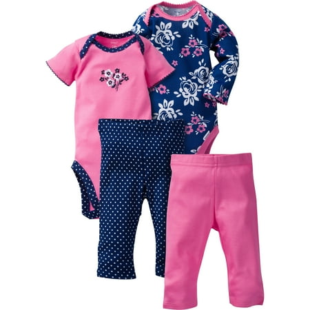 - Newborn Baby Girl Mix N' Match Onesies Bodysuits & Slim Pants, 4pc Set