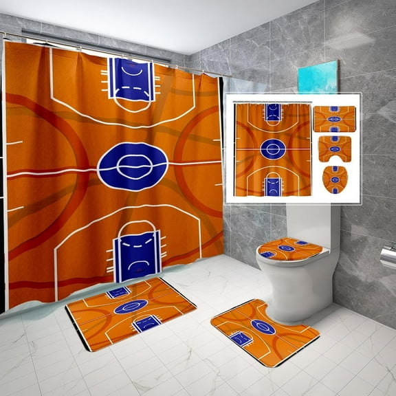 4PCS Boys Shower Curtain Set - Basketball Sports Shower Curtain for Boys Bathroom Decor Basketball Shower Curtain with Bath Mat and 12 Hooks Basketball Bathroom Decor for Boys Teens Mens, 70" x 70"