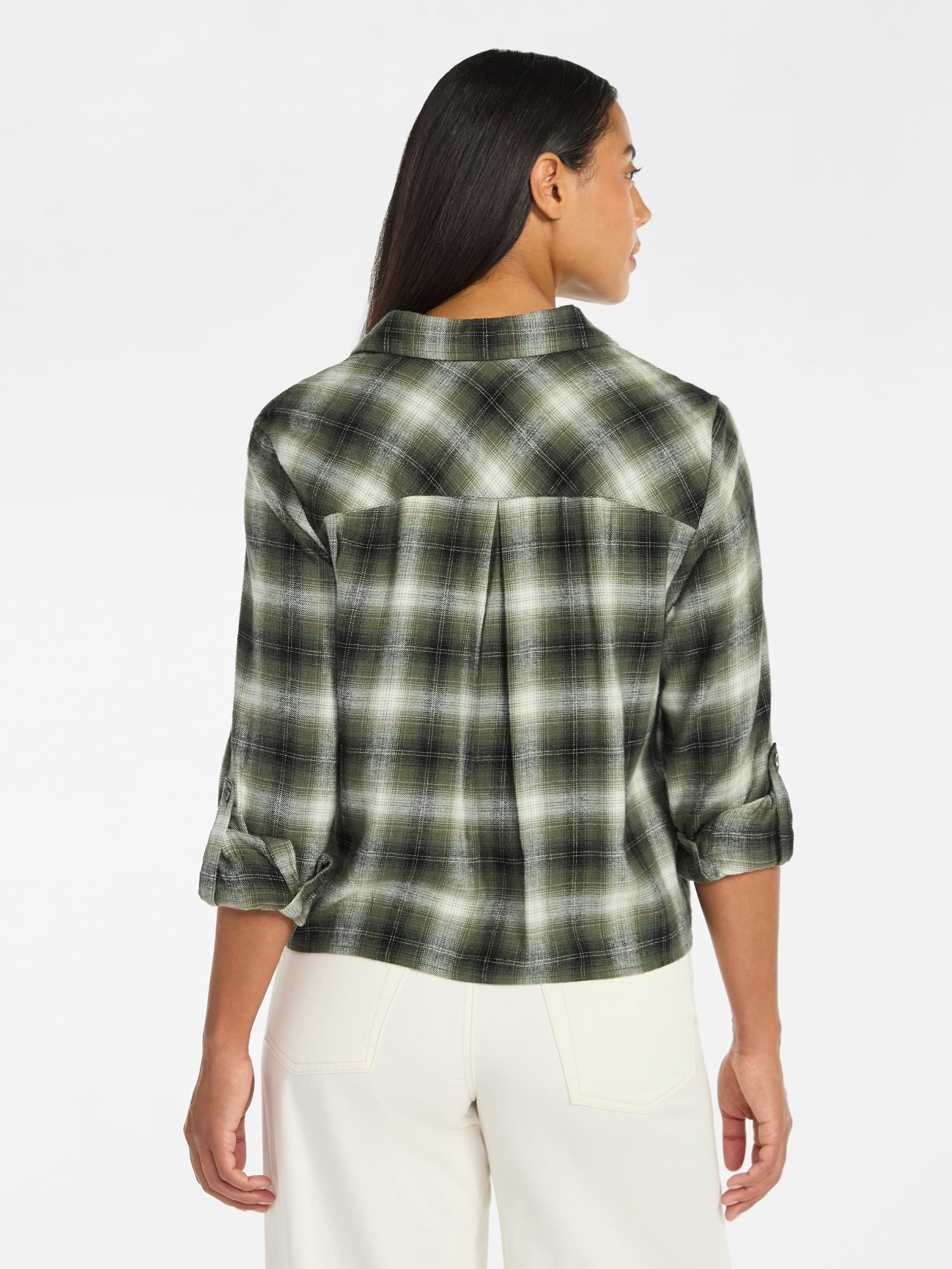 Time and Tru Women's Cropped Flannel Shirt with Long Sleeves, Sizes XS-XXXL