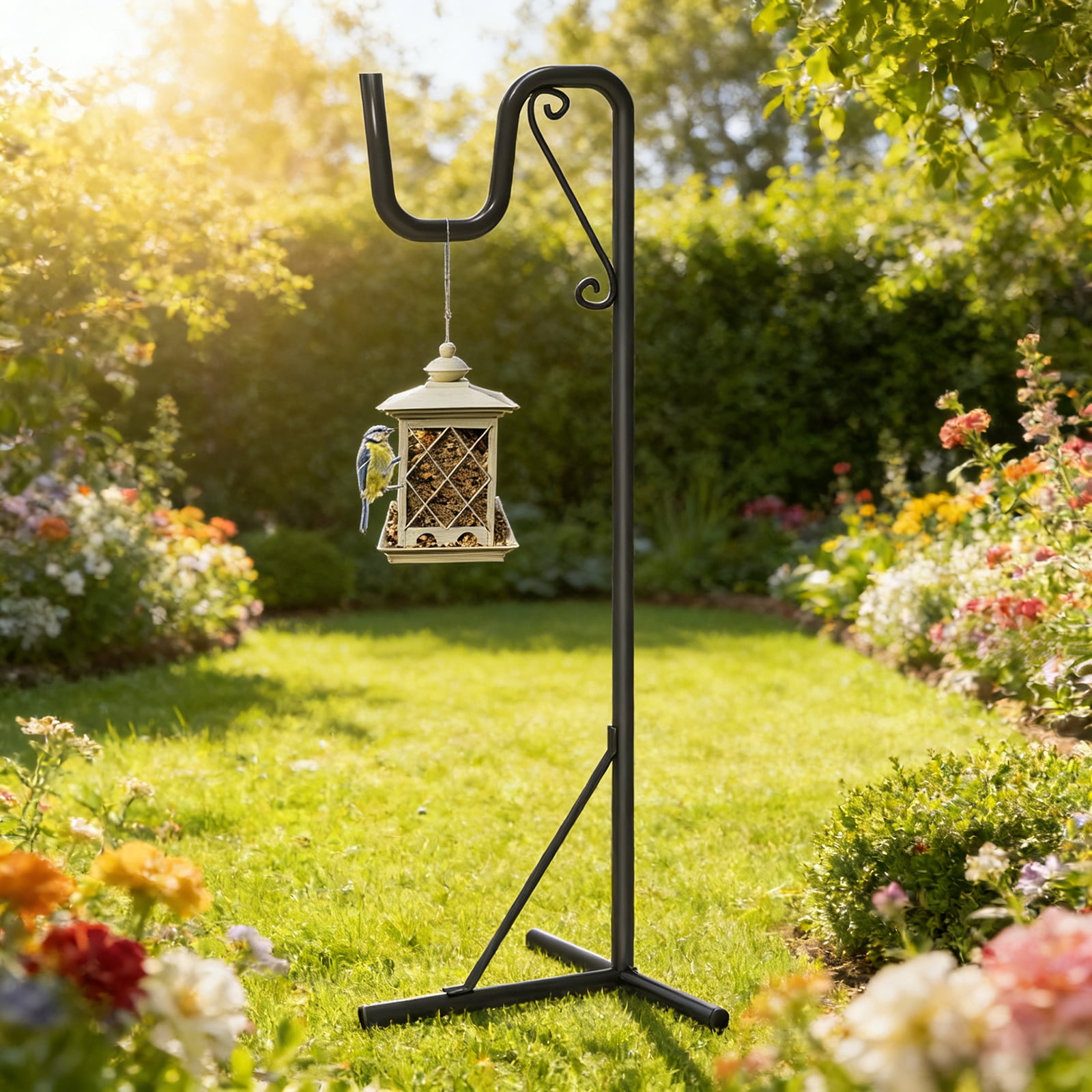 Shepherd Hook for Outdoor – Adjustable Height 44"-92" Heavy Duty Metal Pole, 3-Prong Ground Stake, Rust-Proof, for Hanging Bird Feeders, Plants, Solar Lights, Lanterns