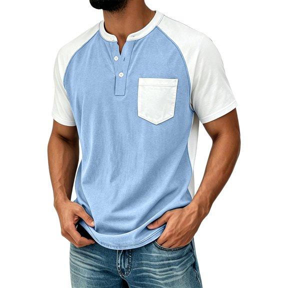 GrmtClth Mens Short Sleeve Raglan Waffle Knit Henley T-Shirt Casual Color Block Tops with Chest Pocket Lightweight Button Placket Tees Summer Daily Wear Baseball Style Henley Shirts Light Blue M