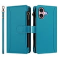 thumbnail image 2 of For iPhone 16 Wallet Phone Case-PU Leather Magnetic Flip Cover with 9 Credit Card Slots,Zipper Pocket & Detachable Wrist Strap,Shockproof,Turquoise,For iPhone 16, 2 of 7