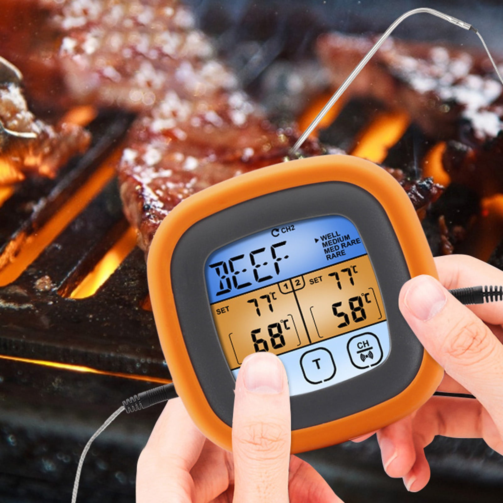 Digital meat thermometer with dual probe and long wire. – HeritageQ