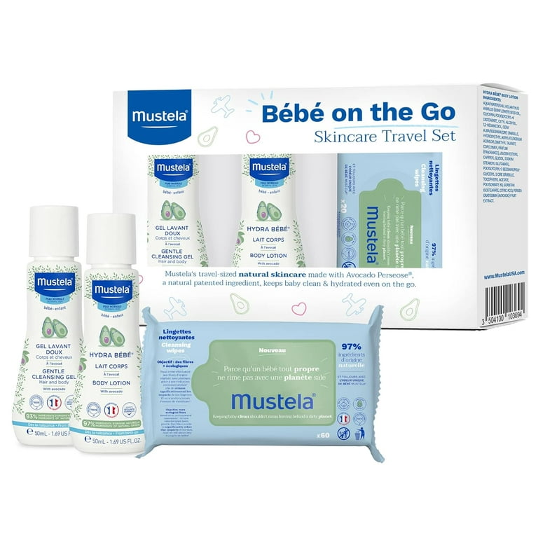 Mustela Bebe On-The-Go Travel Set - Baby Skin Care & Bath Time Gift Set -  Natural & Plant-Based - 3 Items Set - Packaging may vary 