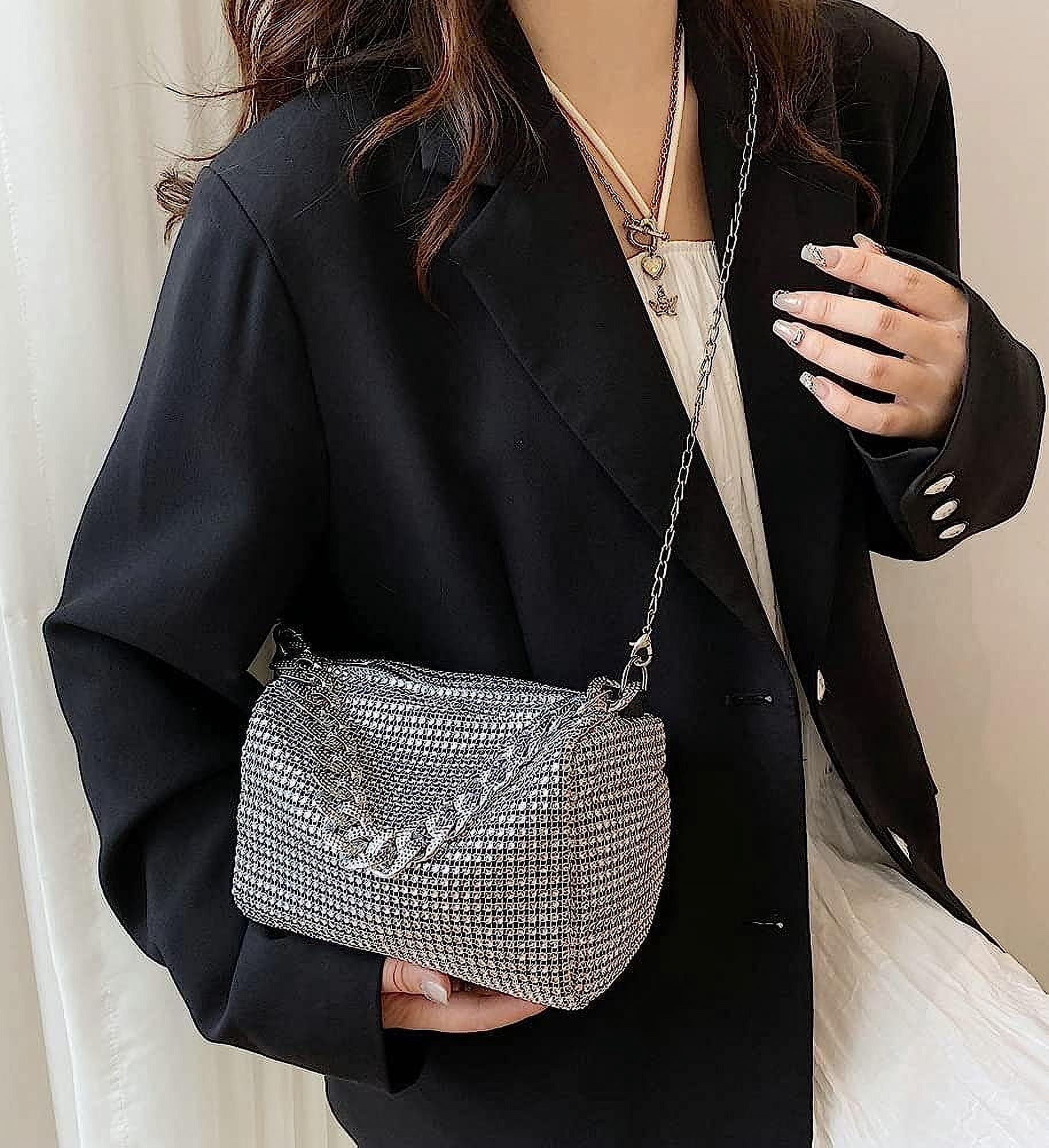 Kukuzhu Rhinestone Clutch for Women Sparkling Chain Evening Handbags Silver Purse Bling Hobo Handbag for Wedding Cocktail Party