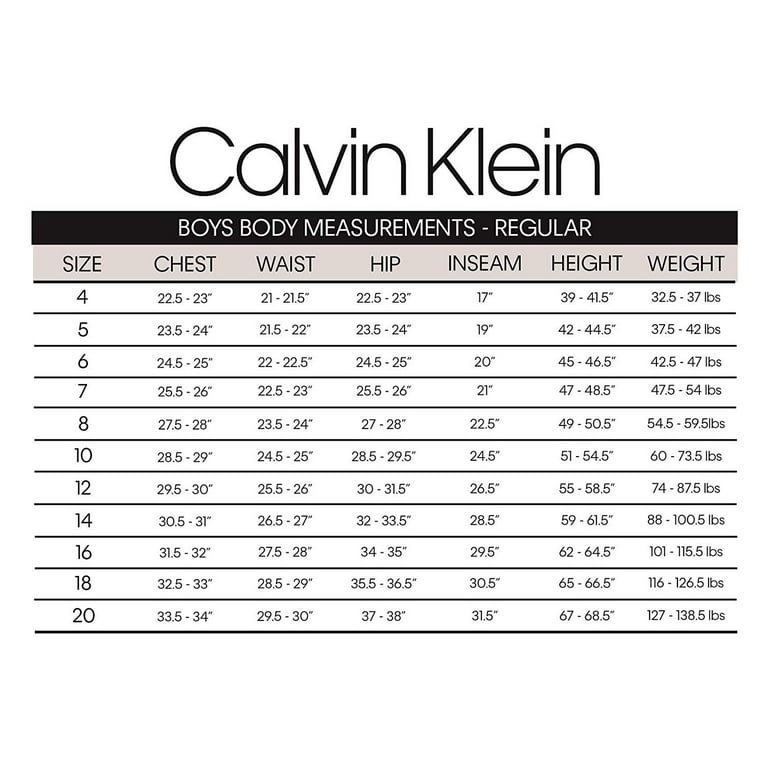 Calvin klein mens shirt size chart online