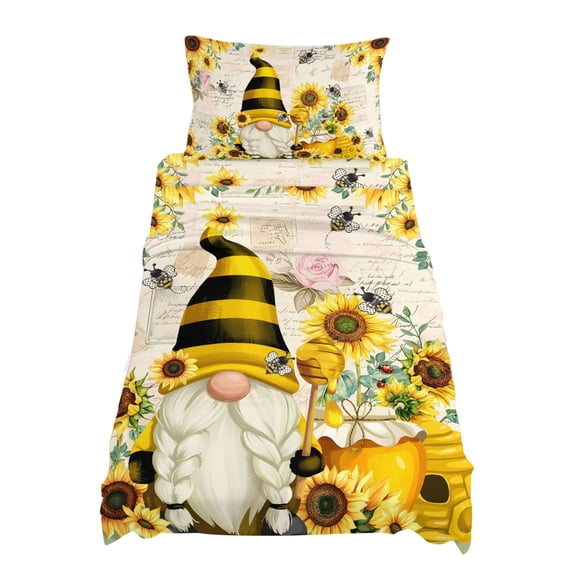 Twin Size Farmhouse Rustic Sheet Sets Gnome Sunflower Bee Beige Background Soft Breathable Microfiber Bed Sheets Deep Pockets 4 Piece Bed Sheets Set, 1 Fitted Sheet, 1 Flat Sheet & 1 Pillowcases