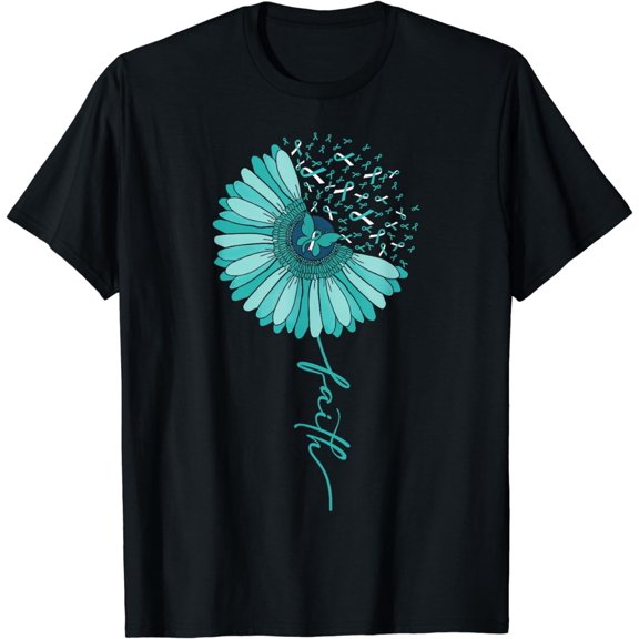 Daisy Faith Flower Teal Ribbon Cervical Cancer Awareness T-Shirt