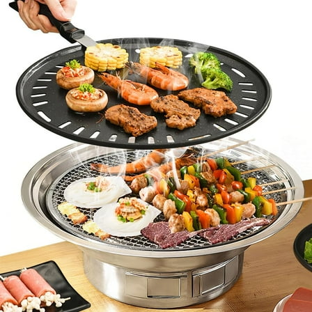 Portable Charcoal Grill 13.8 inch Tabletop Korean Barbecue Grill Non-stick Stainless Steel BBQ Grill Stove for Outdoor Camping Cooker Picnic