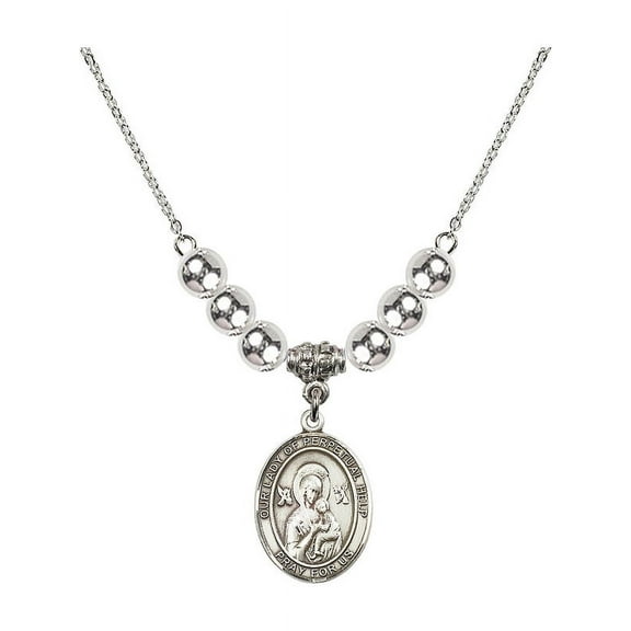 18-Inch Rhodium Plated Necklace with 6mm Sterling Silver Beads and Our Lady of Perpetual Help Charm