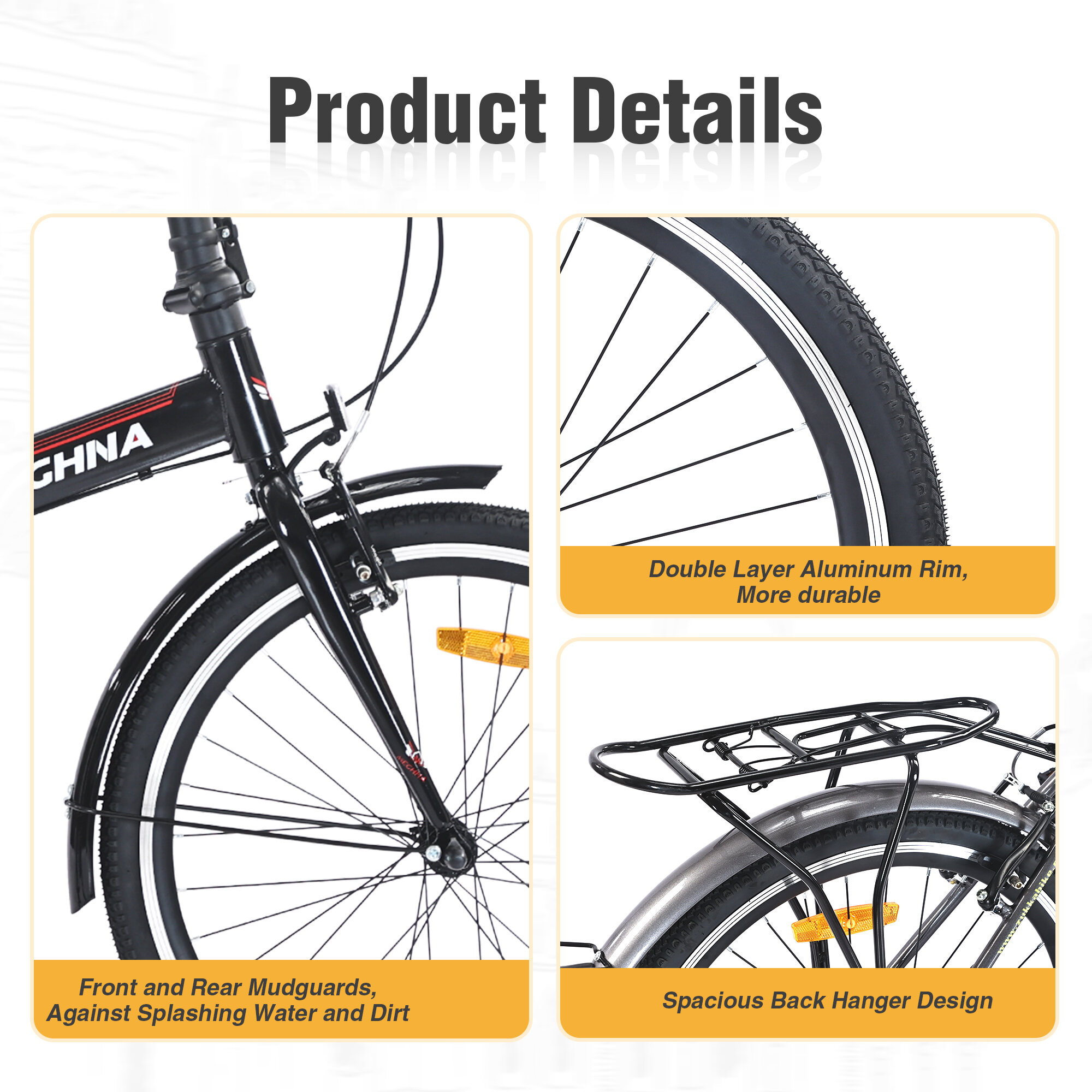 Mountain Bikes 24 Inch Folding Bike for Adults with Fenders, Steel Frame Single Speed City Commuter, Dual V-Brake Portable Compact Bicycle for Men & Women,Hybrid Bikes