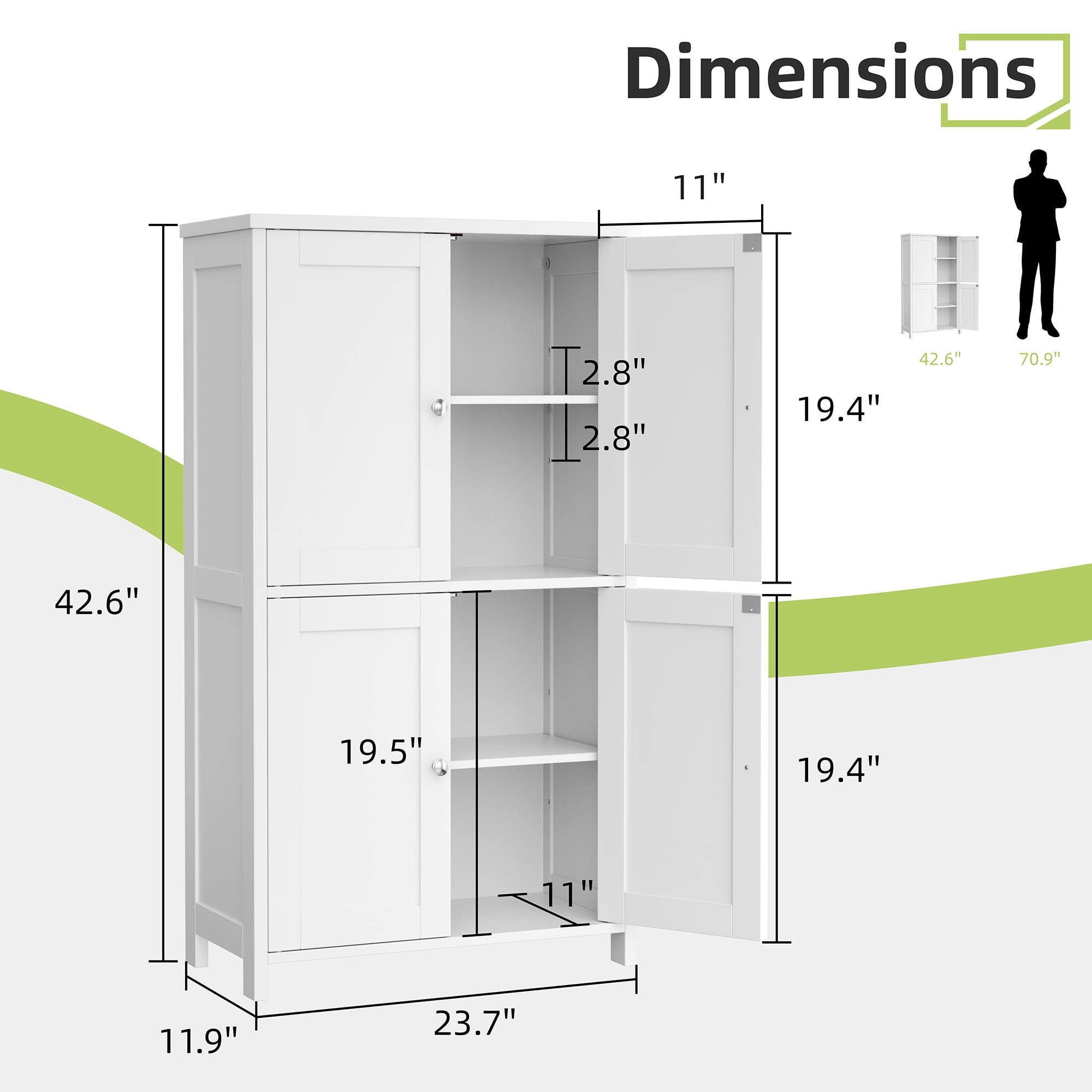 Walsunny Freestanding Bathroom Floor Storage Adjustable Shelf with 4 Doors 43" Wooden Pantry Cabinet for Kitchen Small Spaces，White