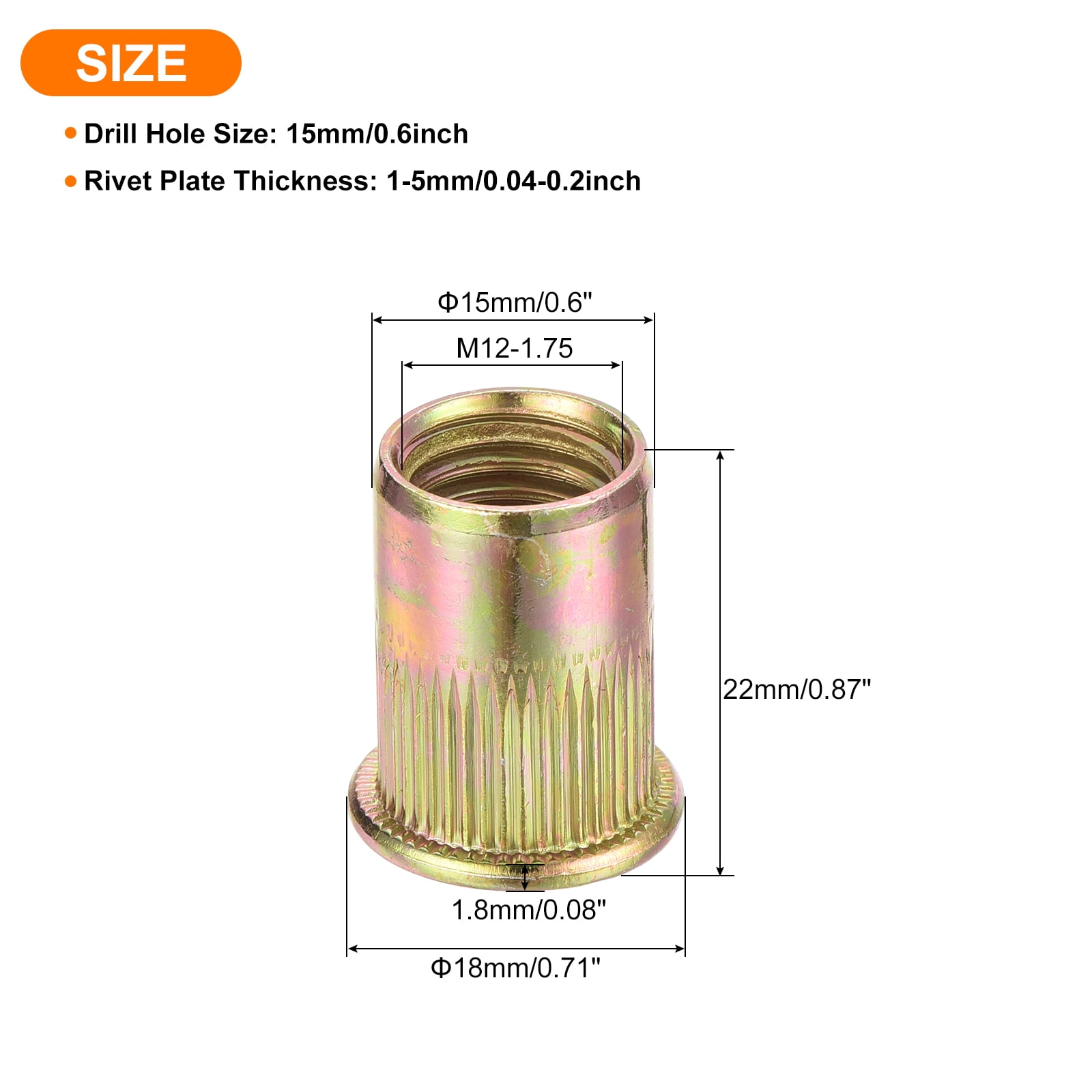 Uxcell 50Pcs Rivet Nuts Flat Head, M12 Carbon Steel Thread Zinc Plated
