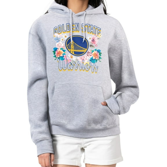 Women's G-III 4Her by Carl Banks Heather Gray Golden State Warriors Flowers Team Logo Graphic Fleece Pullover Hoodie