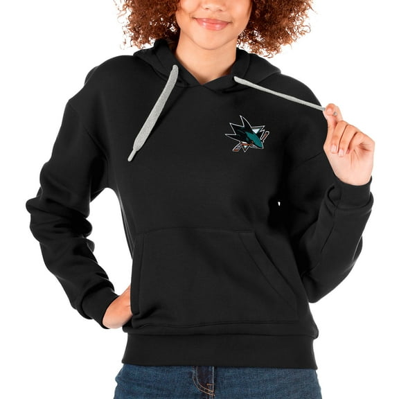 Women's Antigua Black San Jose Sharks Primary Logo Victory Pullover Hoodie