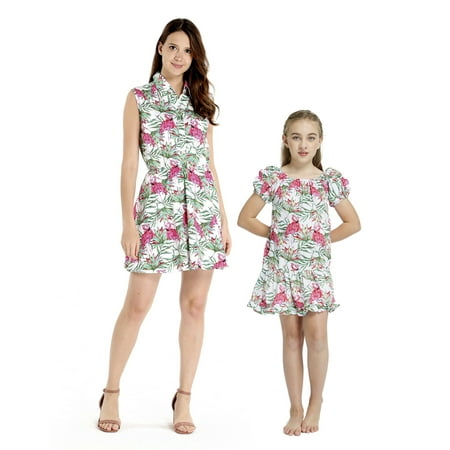 

Matching Hawaiian Luau Mother Shirt Dress Daughter Muumuu Dress in Flamingo in Love