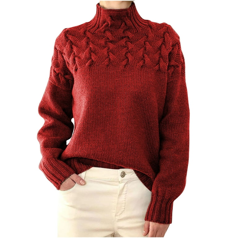 Womens Turtle Neck Sweaters Long Sleeve Pullover Criss-Cross Cable Knit  Sweaters Plain Soft Fall Tunic Jumper Tops
