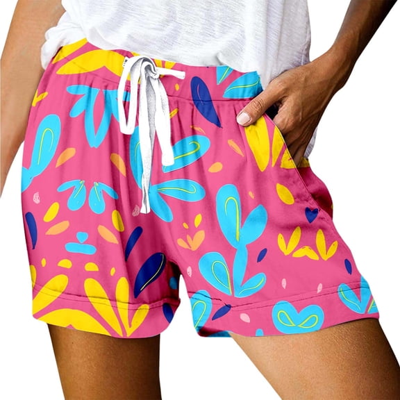 Women's Casual Print Pocket Loose Lace Up High Waisted Sports Shorts