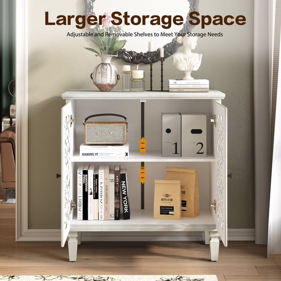 YYAo Vintage Accent Cabinet with 2 Doors, Hollow-Carved Floral Design, Display Storage Sideboard with Adjustable Shelf for Living Room Entryway, Antique Grey White