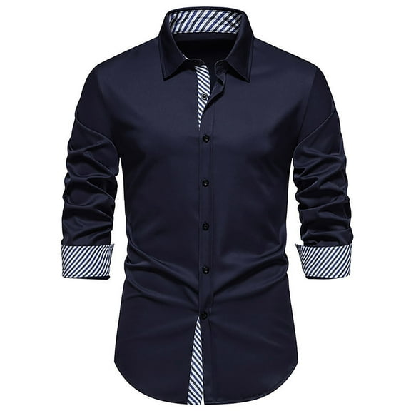 VSSSJ Mens Business Dress Shirts Long Sleeve Casual Button Down Shirt Regular Fit Striped Collar Contrast Wedding Formal Shirt Navy L