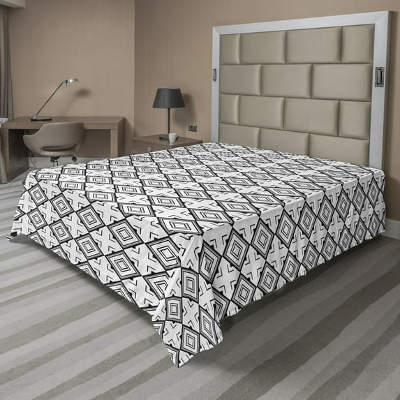 Abstract Flat Sheet, Squares and Bold Streaks Pattern in a Monochromatic Design, Soft Comfortable Top Sheet Decorative Bedding 1 Piece, 6 Sizes, Charcoal Grey and White, by Ambesonne