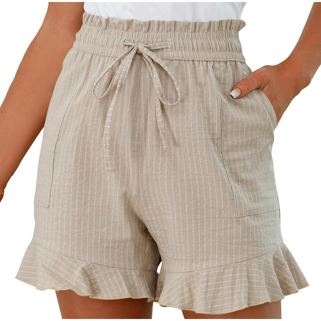 Besolor Summer Shorts for Women Trendy Striped Elastic Waist Drawstring Ruffle Hem Beach Lounge Shorts with Pockets