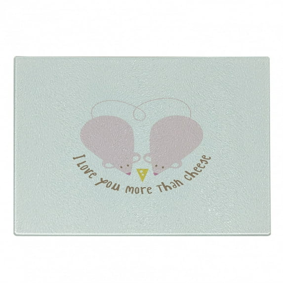 I Love You More Cutting Board, Pink Rats with Tangled Tails Forming a Heart Valentines, Decorative Tempered Glass Cutting and Serving Board, Small Size, Pale Pink Cocoa Yellow, by Ambesonne
