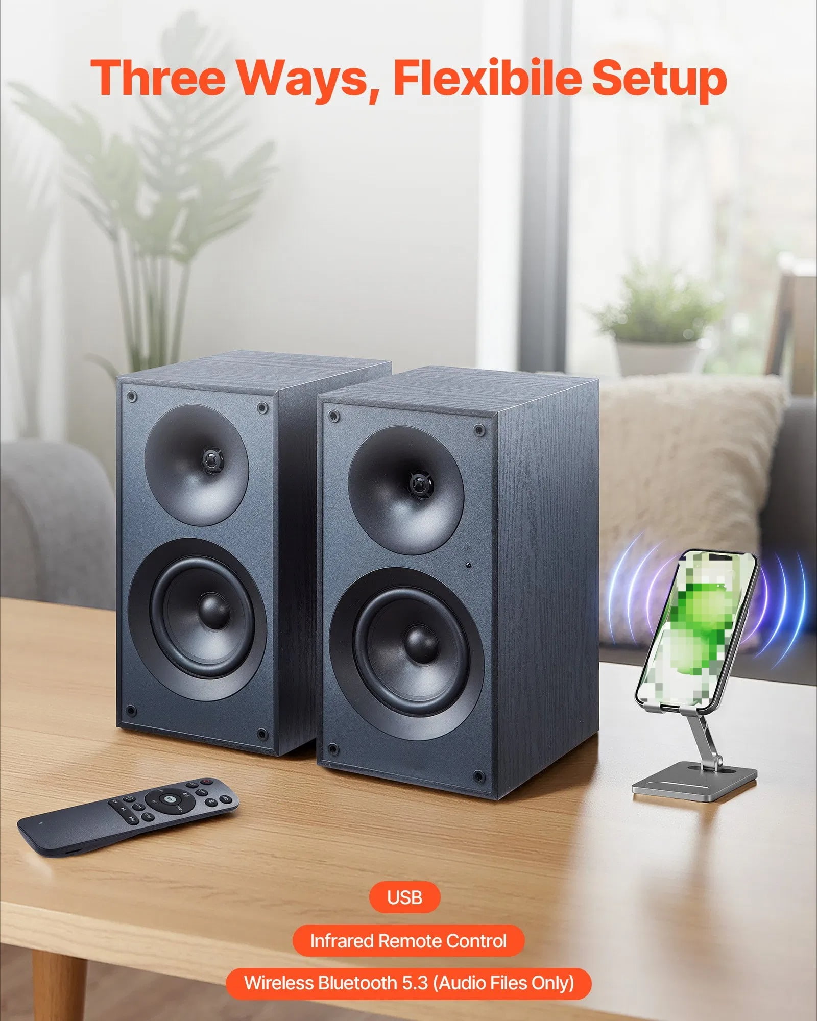 Three-dimensional audio system, Bluetooth audio system, active bookshelf studio monitoring speakers, MDF casing, 2 Bluetooth coaxial stereo systems, multiple input options