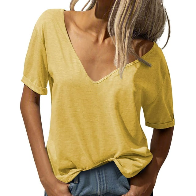 Blouses pour Femmes Hauts Décontractés Mode Col en V Profond Manches Courtes T-Shirts Basiques Unis pour Dames