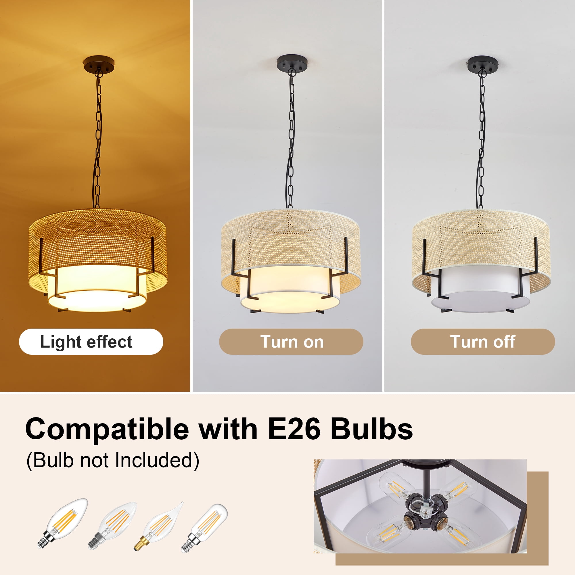 Leumius 4-Light Farmhouse Boho Chandelier, 19.7'' Hand Woven Rattan Pendant Light with Fabric Shade Rustic Drum Chandelier for Dining Room Kitchen Bedroom Foyer Entryway Living Room