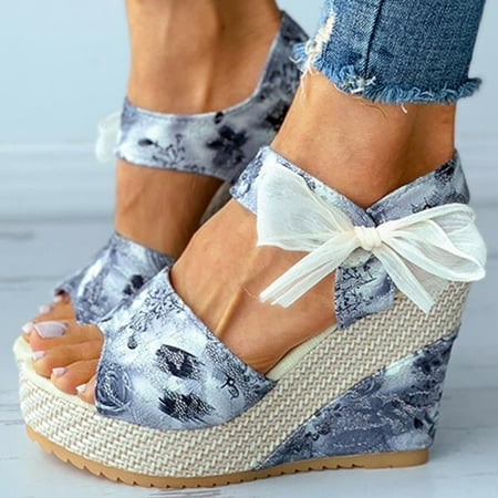 LoyisViDion Womens Sandals Clearance Fashion Women Solid Summer Ladies Bandage Sandals Slope Heel Casual Beach Shoes Black 6(37)